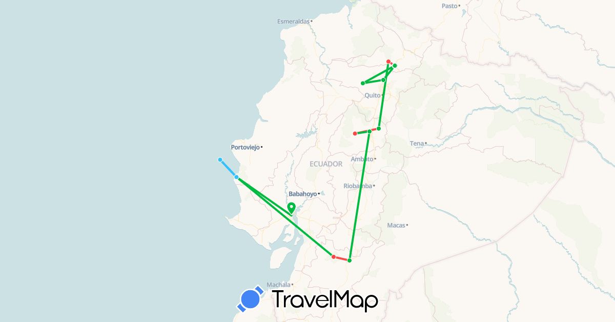 TravelMap itinerary: driving, bus, hiking, boat in Ecuador (South America)